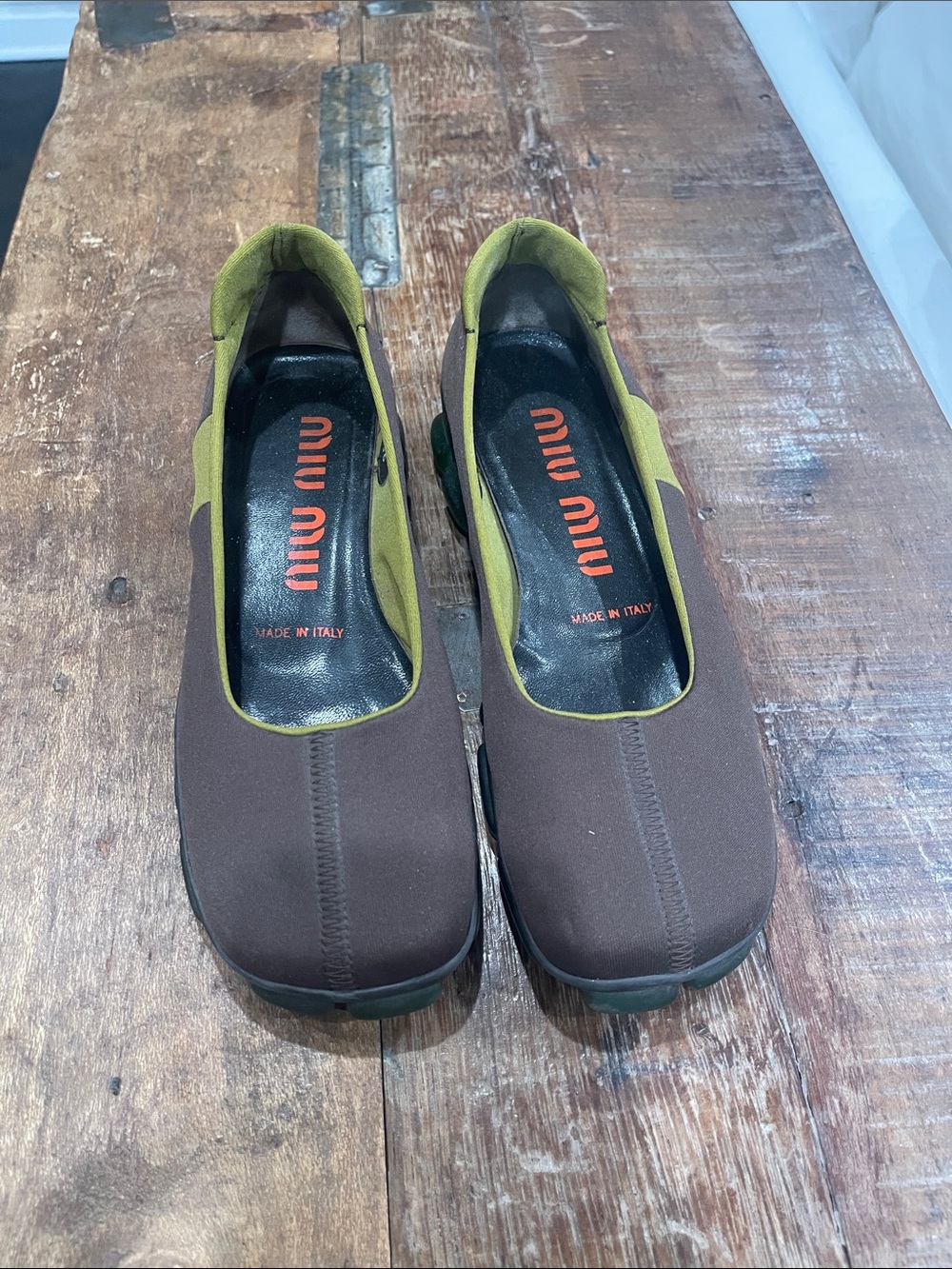 Miu Miu Brown with Olive Trim Slip-On Flats